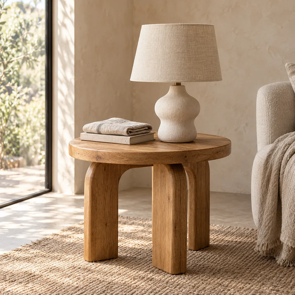 Natural oak furniture, a ceramic lamp and woven linen