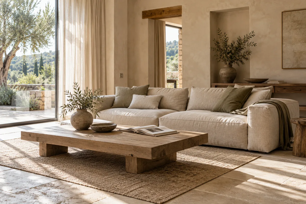 A quiet living room with a linen sofa, oak table and filtered daylight