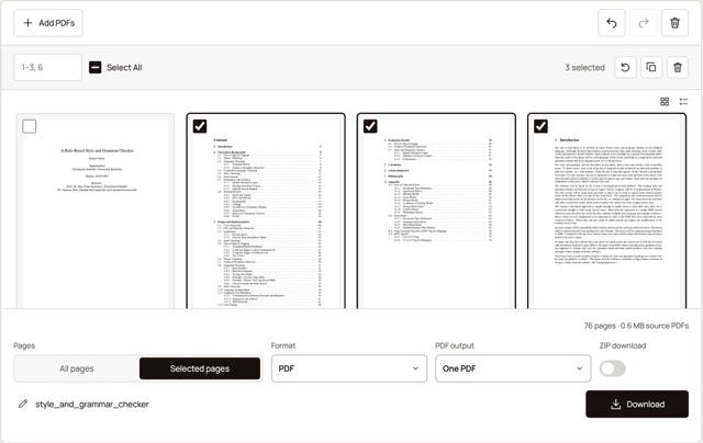 PDF Tools with the range field and selection controls above thumbnails, and Selected pages, PDF format and One PDF output below.